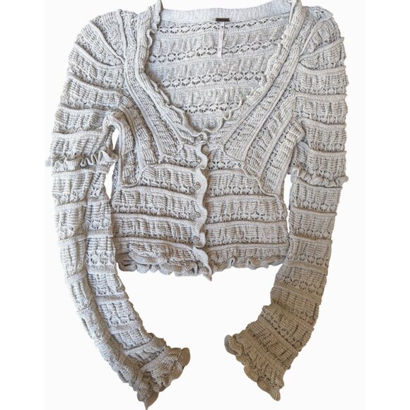Free People Wild Roses Cardi Ruffle Lace Knit Cardigan Light Soft Grey XS New - Picture 10 of 13